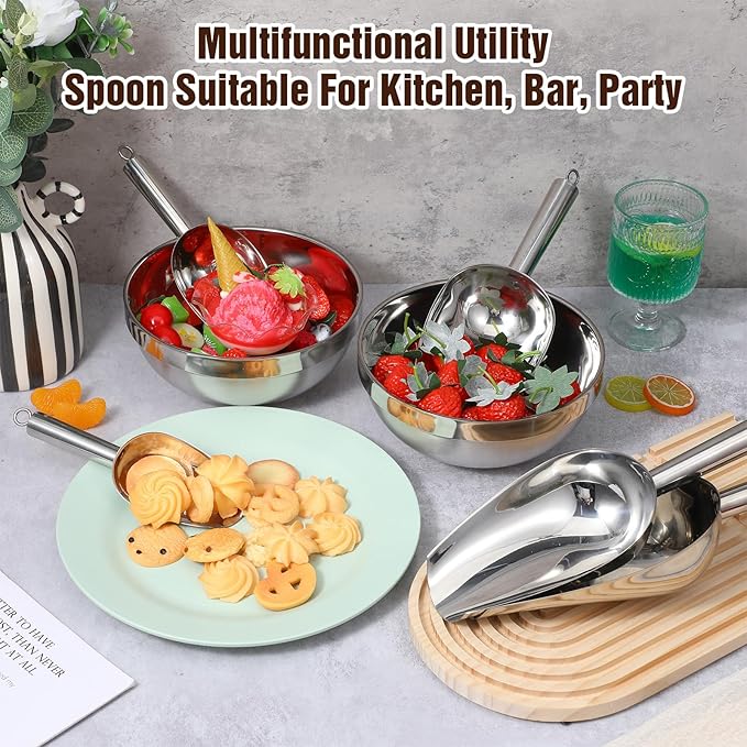 5 Pack 3/6/9/12/16 Ounce Stainless Steel Ice Scoops, Metal Food Scoop with Hanging, Kitchen Utility Scoops Rust-proof Candy Ice Cube for Party Wedding Popcorn Dog Food Potted Plants