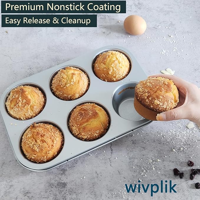 Nonstick jumbo Muffin Pans 6 Cups，2 Pack Extra Large Cupcake Tins for Baking，Premmium Non-stick Coating for Non-Toxic,Heavy Duty Carbon Steel, 3.5 dia,Deep Muffin Tray