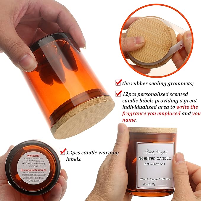 MILIVIXAY 12 pcs 10 OZ Amber Glass Candle Jars with Lids and Candle Making Kits - Bulk Empty Candle Jars for Making Candles - Spice, Powder Containers.