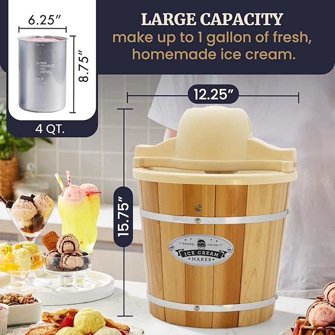 Elite Gourmet EIM924LX 4 quart Old Fashioned Electric Ice Cream Maker, Pine Bucket