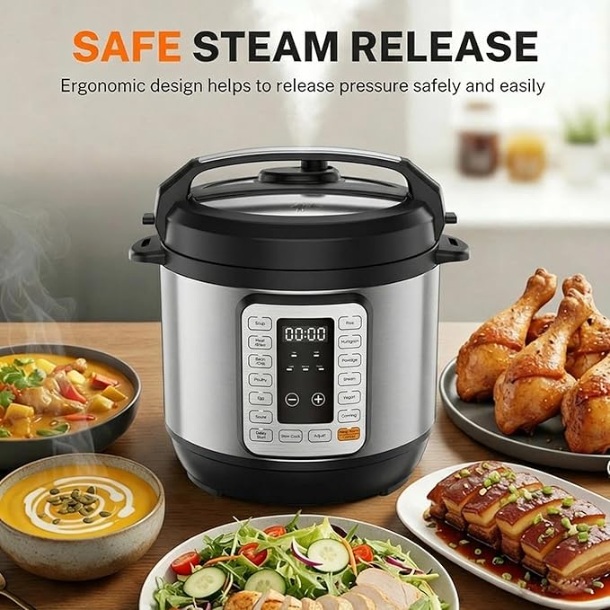 HealSmart 8QT Electric Pressure Cooker, 16-in-1 & Non-Stick Stainless Steel Multi Cooker with 12 Presets for Slow Cook, Meat Stew, Steam, Sauté, Canning, Yogurt Maker, Dishwasher Safe, Silver