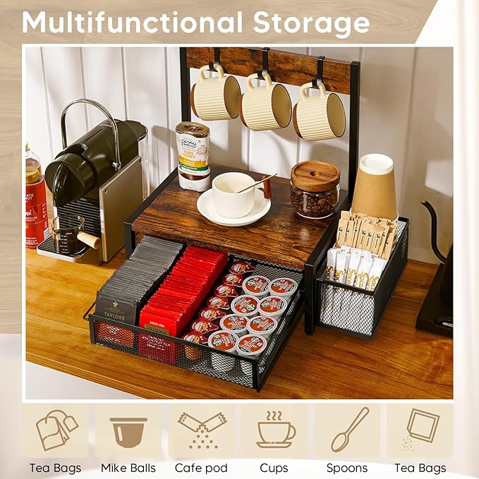 DGWJSU Tea Bag Organizer, Wood Tea Organizer and Storage Cheast, Tea Bag Holder with Storage Drawer, 4 Hooks for Tea Cups Holder, Tea Station Chest Display Container Box for Countertop Kitchen