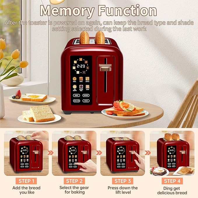 SEEDEEM Toaster 2 Slice, Touch Control Stainless Toaster LCD Display, 50% Faster Heating Speed, 1.4'' Wide Slots, More Timer Functions, Removable Crumb Tray, 1350W, Dark Cherry