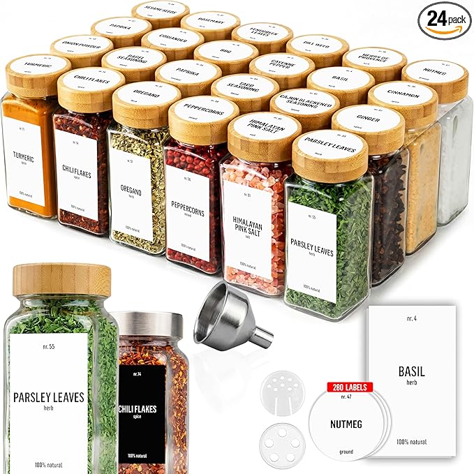 Deco haus Glass Spice Jars with White Label and Bamboo Lid 24x4oz [LABELS incl] Spice Containers with Labels, Shaker Lids & Funnel - Empty Herb Seasoning Containers, Small Seasoning Bottles for Her