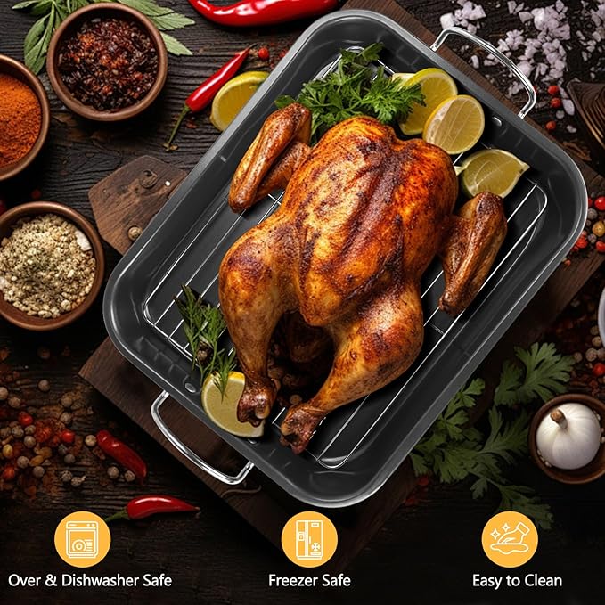 Nonstick Roasting Pan with Rack, 14.5x11.4’’ Baking Pan for Oven with Rack & Silicon Hand Clip, Heavy Duty Dishwasher Safe Rectangular Lasagna Pan with Handle for Turkey Chicken, Dark Grey