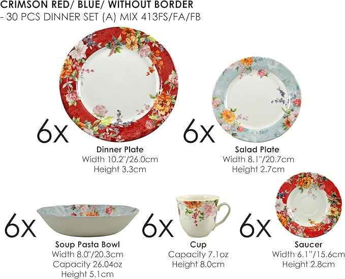 Tudor Royal Collection 30-Piece Porcelain Round Dinnerware Set, Service for 6, Crimson Design, Summer Flowers, Plates Bowls Mugs Dishes, Glossy, Premium Quality Tableware