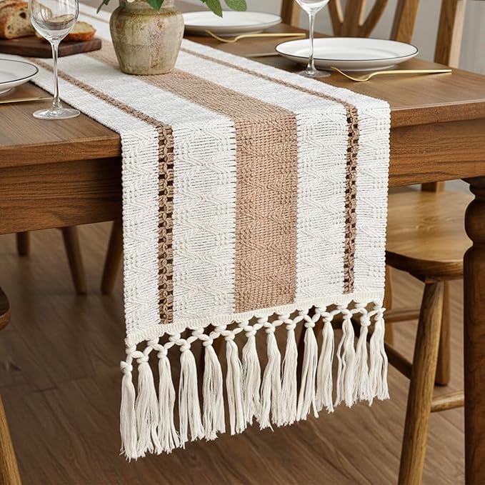 FEXIA Boho Table Runner for Hoilday Spring Home Decor with Tassels 72 Inches Long Pottery barn Furniture Farmhouse Rustic Macrame Burlap Table Decoration for Living Room (12x72 Inches)