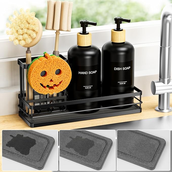 Moforoco Kitchen Dish Soap Dispenser Set, 16OZ Glass Bottle, Hand and Dish Soap Dispenser Set, Instant Dry Tray, Brush Holder with Smiley Face Sponge Holder (Black Tray+Black Bottle+Labels)
