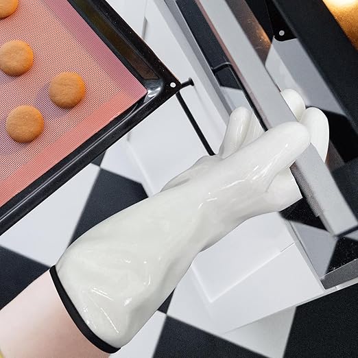 Oven Gloves Liquid Silicone Gloves Food Grade Heat Resistant Mitts with Fingers, for Cooking Baking Grilling Waterproof, with Nylon Liner, White, Large