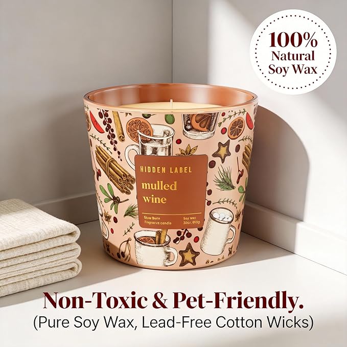 Hidden Label Mulled Wine Scented Candle for Home, 30oz Large 3 Wick Soy Candle, 100H Long Lasting, Cinnamon Orange Clove, Non-Toxic Clean Burn, Christmas Winter Gifts for Women, Holiday Gift