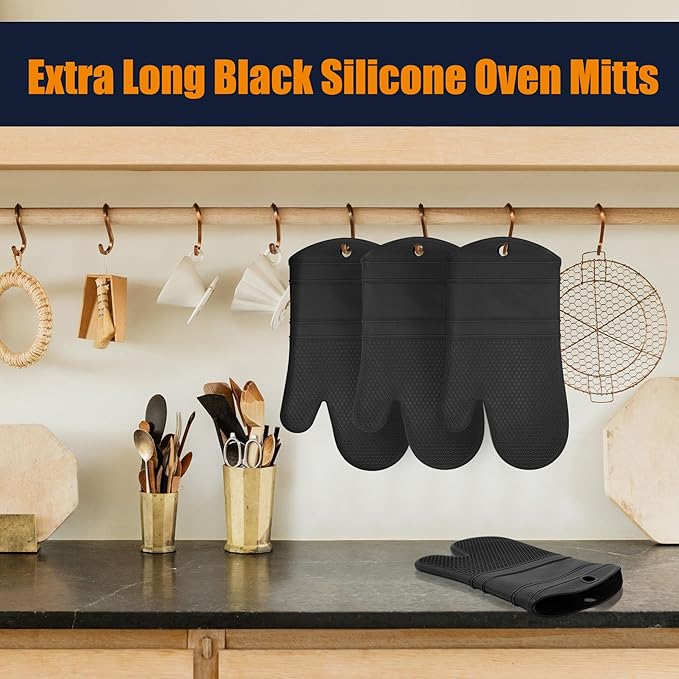 1 Pair Oven Mitts,Silicone Oven Mitts,Long Cooking Gloves,Heat Resistant Oven Gloves Grill BBQ Gloves,Kitchen Home Essentials,12.9"*7.48" Black Mitt