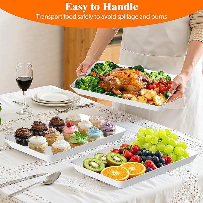 SpaceTrove 8-Pack Serving Tray Set, Reusable Plastic Serving Platter for Party Supplies, Entertaining, Grilling Accessories, Stackable Kitchen Snack Box Container for Dessert, Fruit, Cookie, (White)