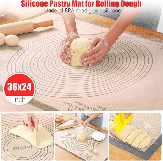 Silicone Pastry Mat 36x24 Inch Extra Large Baking Mat with Measurements, Nonstick Kitchen Counter Mats for Dough, Pastry, Dough Rolling, Kneading Board, Pie Crust, Fondant, Bread, Pasta, Pizza
