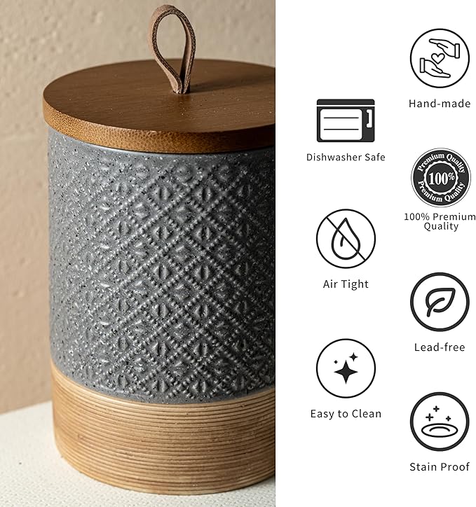 Miamolo Large Food Storage Jar Coffee Container with Lids, Ceramic Coffee Canister for Sugar Spice Cookie Ground Coffee - Kitchen Pantry, Housewarming Weeding Gift - Gray & 64 fl.oz