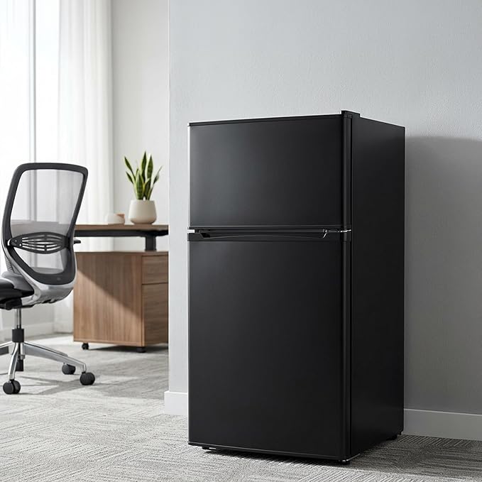 3.2 Cu.Ft Mini Fridge with Freezer, 2 Door Small Refrigerator with Adjustable Thermostat Energy-efficient Low Noise, Compact Fridge for Bedroom, Office, Dorm, Black