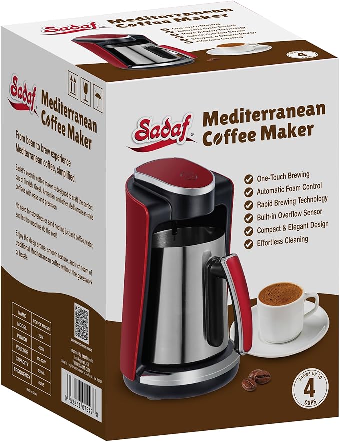 Sadaf One-Touch Mediterranean Coffee Maker – Electric Turkish, Greek, and Armenian Coffee Machine - Stainless Steel Coffee Maker - Foam Control & Overflow Sensor - Middle Eastern Cuisine - 250ml, Red