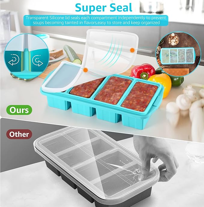 Ztomine Silicone Freezer Tray With Lid - Silicone Freezer Food Molds- Large Ice Cube Tray,4-Pack Silicone Freezer Container,Freeze & Store Soup, Sauce, Broth,Leftovers - Makes 4 Perfect 1 Cup