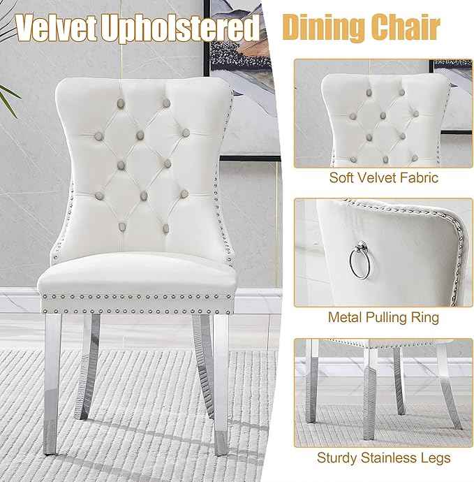 7 Piece Glass Dining Table Set for 6, 63" Modern Kitchen Table with 6 White Velvet Chairs, Tempered Glass Tabletop with White X-Shaped MDF Base, Modern Dining Room Set for Kitchen and Dining Room