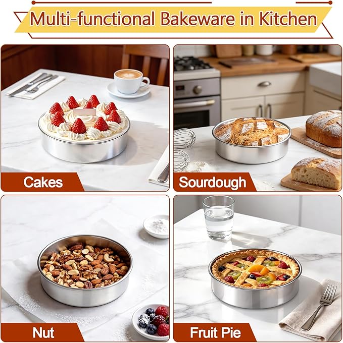 P&P CHEF 7 Inch Cake Pan Set of 4, 4 Pieces Round Layer Cake Baking Pans, Stainless Steel Smash Cake Tin Bakeware for Cooking Steaming, Nontoxic & Sturdy, Oven & Dishwasher Safe