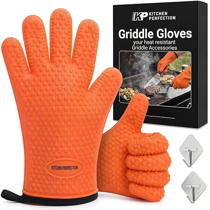 KITCHEN PERFECTION XL Silicone Oven & Griddle Gloves -Extreme Heat Resistant BBQ & Grilling Gloves -Handle Hot Food Right on Your Griddle |Waterproof Oven Mitts Grill Gloves |Superior Set+3 Bonuses
