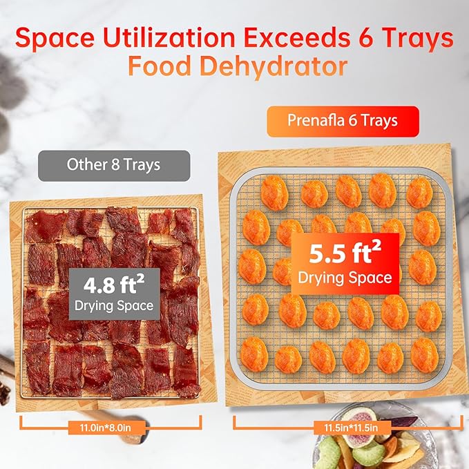 Food Dehydrator for Jerky, 5.5 ft² Large Drying Space, 6 Stainless Steel Trays Dehydrator Machine, 72H Timer, 158°F Temperature Control Fruit Dehydrator for Herbs, Meat, and Yogurt