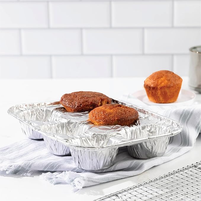 PLASTICPRO Aluminum Foil Muffin Pans Reusable and Disposable, Muffin & Pie foil Pan (50, 6 cavity XL)