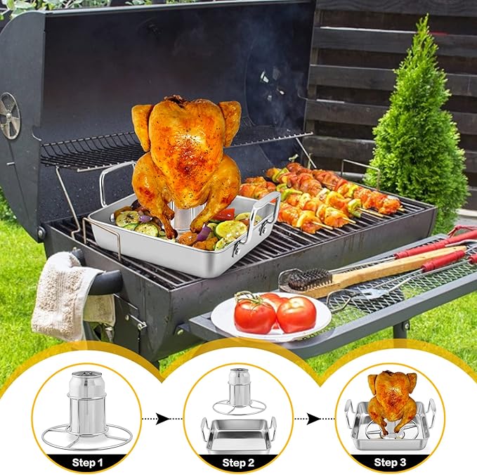 P&P CHEF Beer Can Chicken Holder with Roasting Pan Set, 9-inch Stainless Steel Square Baking Pan and Chicken Rack For Grilling, Heavy Duty & Dishwasher Safe, 2Pcs