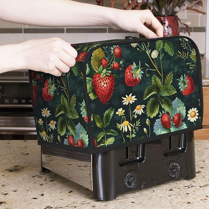 Red Strawberries Toaster Cover 2 Slice, Cute Rural Bread Machine Cover, Washable Dust-Proof Cover for Kitchen Small Appliance Cover,with Top Handle