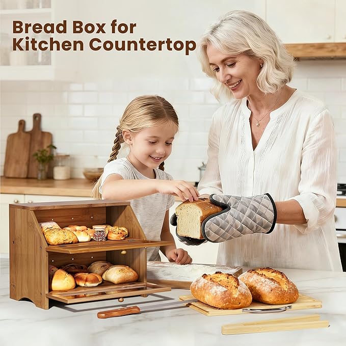 MAISONPEX Double Layer Bamboo Bread Box for Kitchen Countertop, Large Capacity, Cutting Board, Stainless Steel Bread Knife, Double Layer Storage Container with Clear Windows, Walnut