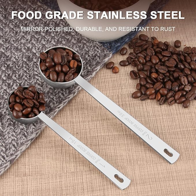 Safring Coffee Scoop Set, Tablespoon Scoop 2 Pc Set (1 Tbsp & 2 Tbsp), Stainless Steel Measuring Spoons for Ground Coffee with Long Handles, for Tea, Sugar, or Flour