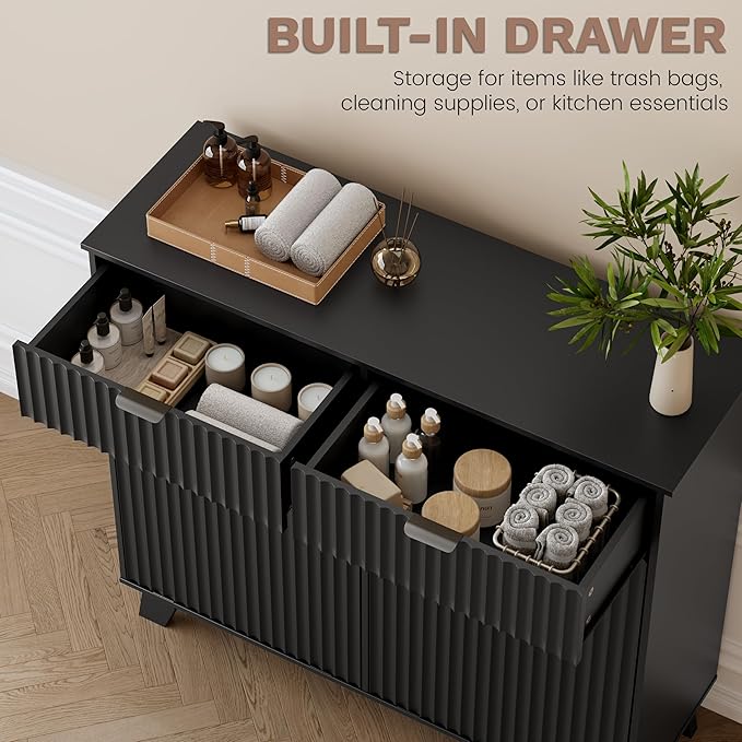 Double Tilt Out Laundry Hamper Cabinet, 20 Gallon Wooden Trash Can Cabinet with Drawers, Hidden Fluted Bathroom Storage Cabinet for Kitchen, Living Room (Black, 39.34" W x 35.83" H x 13" D)