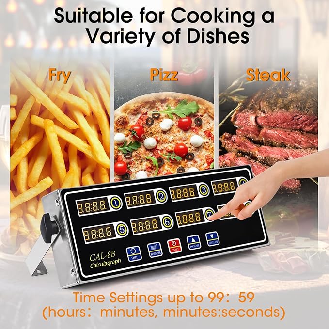 8-Channel Kitchen Timers for Cooking, Commercial Digital Timer with Independent Countdown Timers, Adjustable Volume, Stainless Steel Cooking Timer for Food Fryer, Restaurants, Baking