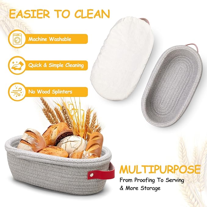 Dimpola Banneton Bread Proofing Basket - Cotton Oval Banneton Basket Set of 2 Sourdough Proofing Baskets Round Proofing Bowls Handmade Rattan Baskets and Liners