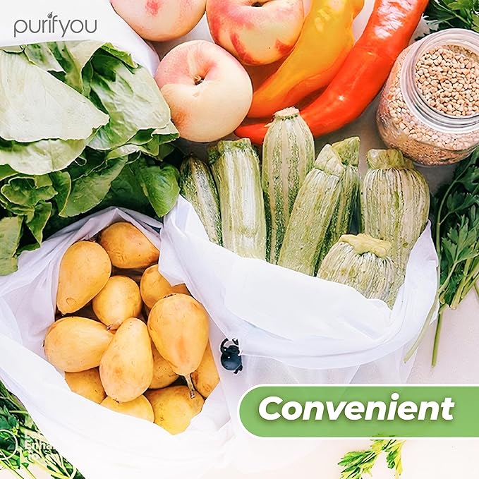 purifyou Set of 10 Reusable Mesh Produce Bags - Heavy Duty, Washable Farmers Market and Storage for Fruits, Vegetables, Groceries, Kitchen, and Home (Small)