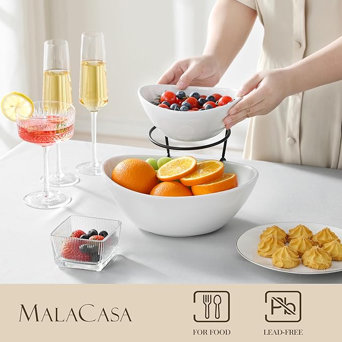 MALACASA 2 Tier Chip and Dip Serving Set with Metal Stand,Ceramic Appetizer Bowls for Party, Multi-Use Food Display for Fruits, Snacks,White Elegant Tiered Serving Dishes for Party