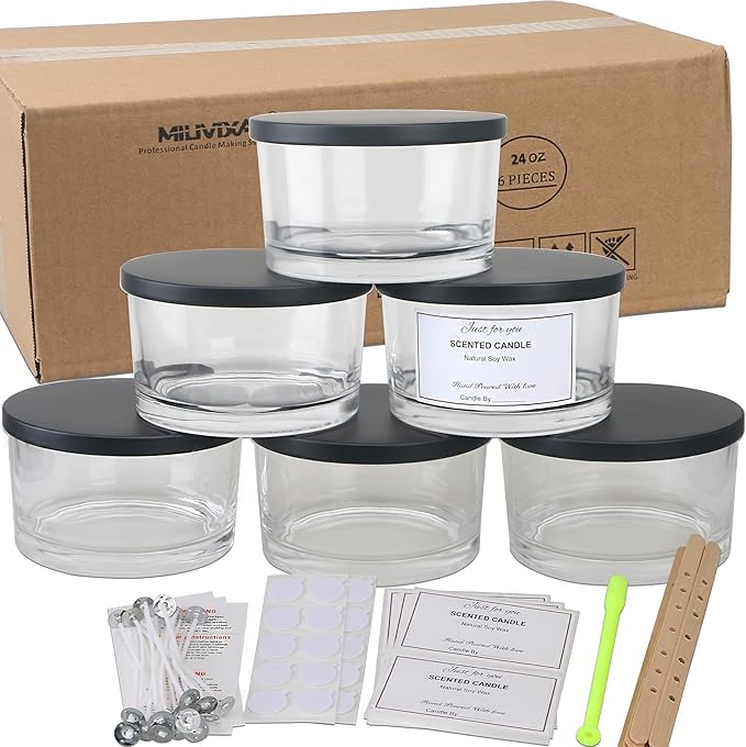 MILIVIXAY 6 Pack 24 oz Candle Jars with Metal Lids and Candle Making Kits - 3 Wick Candle Jar,Bulk Empty Clear Thick Glass Jars for Making Large Candles - Spice, Powder Containers.