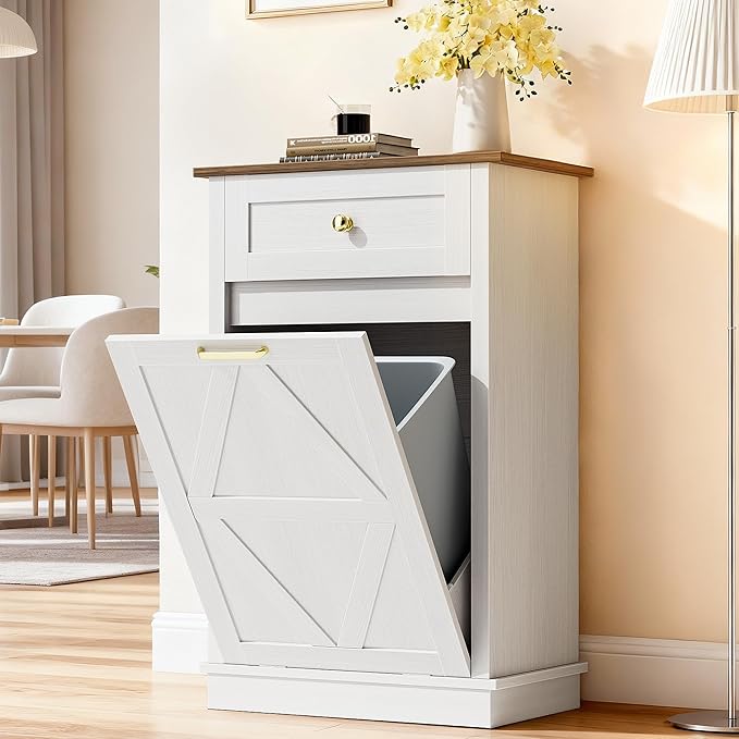 JUMMICO Tilt-Out Trash Can Cabinet, 10 Gallon Laundry Hamper Cabinets with Drawers, for Kitchen, Dining Room and Living Room (White, 2 Piece)