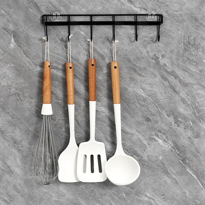 Wall Mounted Kitchen Utensil Rack, No Drilling Iron Hanging Hook for Kitchen Organization, Black, 12.4X2.95In