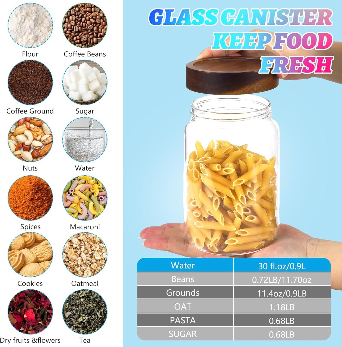 Glass Spice Jar Coffee Sugar Container Airtight Glass Jar Food Storage Canisters Bottle for Kitchen Seasoning Tea Herb Overnight Oats Bar Parfait Snacks (900ml/30oz-1Pcs)