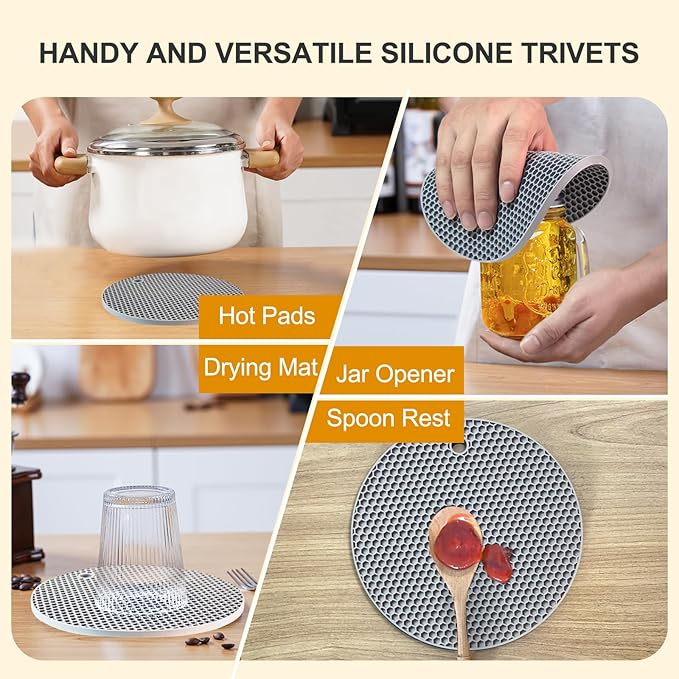 Silicone Trivet Mats, 4 Pack Hot Pads Pot Holders for Kitchen, Heat Resistant Non-Slip Trivets for Hot Dishes, Hot Pots and Pans, Countertop, Table, Food Grade Silicone & BPA Free, Gray