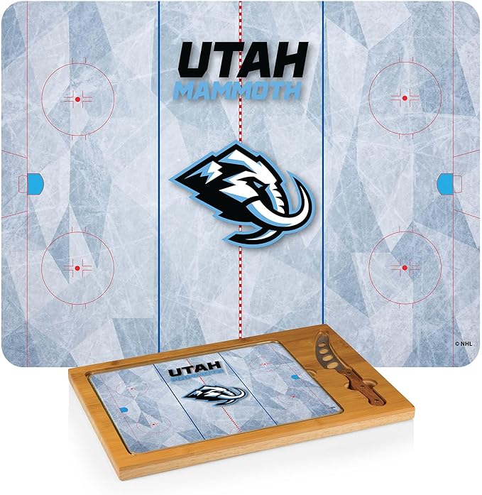 PICNIC TIME NHL Utah Mammoth Icon Glass Top Cutting Board & Knife Set, Charcuterie Board Set with Stainless Steel Cheese Knife, Tempered Glass Serving Platter and Charcuterie Set, (Natural Wood)