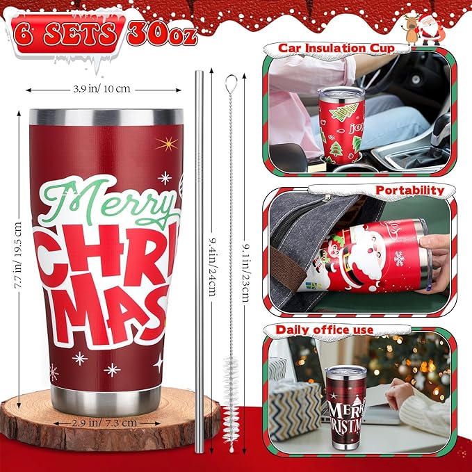 Mifoci 6 Pcs Christmas Tumblers 30oz Stainless Steel Christmas Travel Coffee Cup Double Insulated Vacuum Tumbler with Lid Straw Santa Claus Holiday Mug Gifts for Coworker Team Teacher(Novelty)