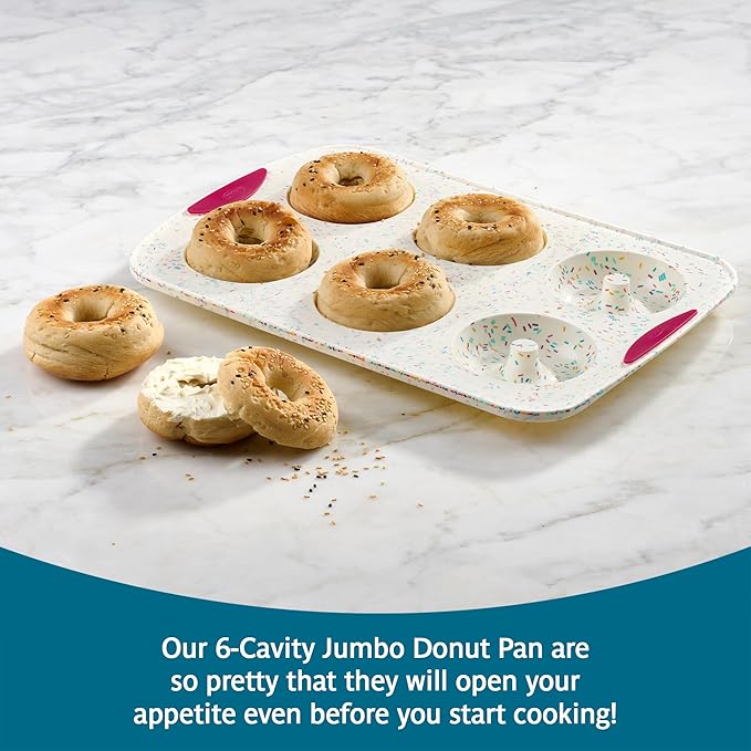 Trudeau Jumbo Donut Pan – Nonstick 6 Cavity Mold, White Confetti/Fuchsia – Silicone Baking Pan for Homemade Donuts, Muffins, Cakes, Bagels, Pastries & Baked Treats – Dishwasher & Oven Safe