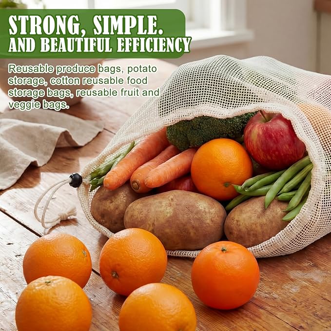 10 Pcs 15 x 12 in Reusable Produce Bags Grocery Washable, Cotton Mesh Produce Bags Plastic Free, Drawstring Closure, Double-stitched Organic Cotton Mesh Grocery Bag for Vegetables Fruit Onions