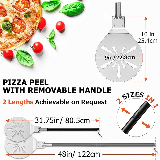 9 Inch Pizza Peel Turning, Joyfair Perforated Pizza Turner with Long Detachable Handle, Stainless Steel Spatula Paddle for Rotating Sliding, Metal Tools Oven Accessories, Easy Cleanup (Painted Handle)
