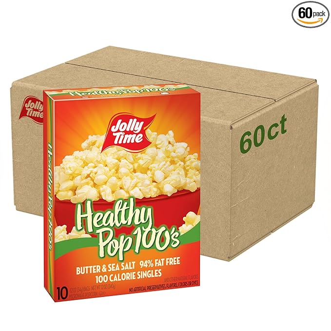 Jolly Time Healthy Pop Microwave Popcorn, 1.2oz Personal Bag, 10 Bags Per Carton (Healthy Pop 100's - Butter & Sea Salt,1.2 Ounce (Pack of 60))
