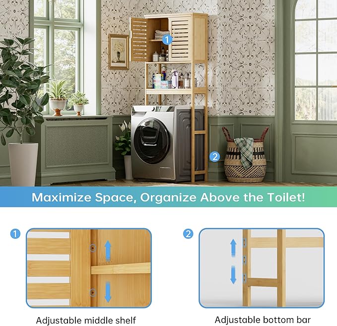 SMIBUY Bathroom Over The Toilet Storage Cabinet, 2 Door Bamboo Cabinet Organizer, Freestanding Space Saver Toilet Rack with Adjustable Inside Shelf and Open Shelf (Natural)