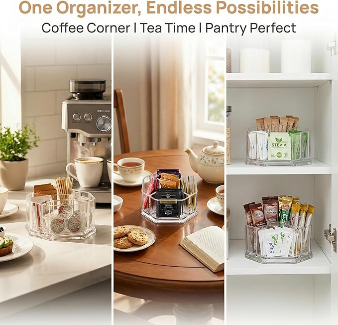 Hiceeden Acrylic Tea Bag Organizer, 5 Compartment Sugar Packets Holder Divided Coffee Condiment Storage Caddy Box for Kitchen Cabinet, Countertop, Tabletop