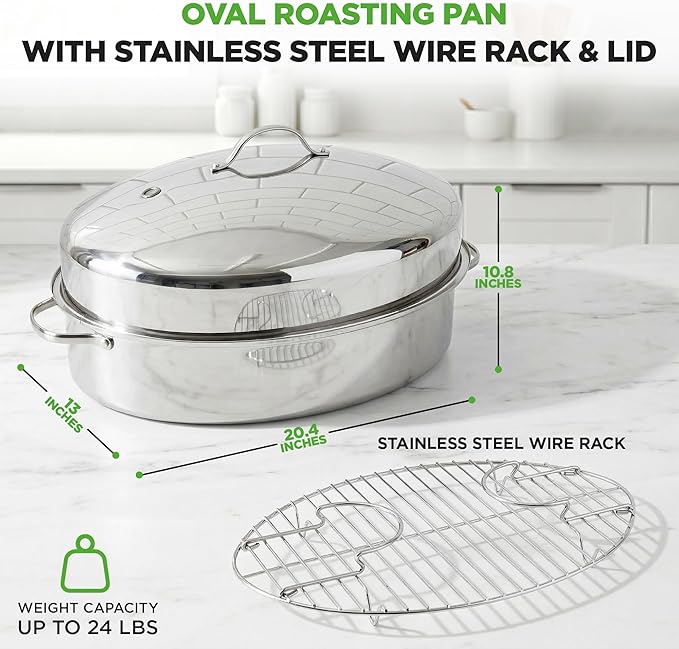 NutriChef 20" Oval Roasting Pan with Rack and Lid - Premium Stainless Steel Roaster Dish w/ Wide Handles & Removable Rack, Multi-Use Cookware for Turkey, Chicken, Stews, & More - Dishwasher Safe