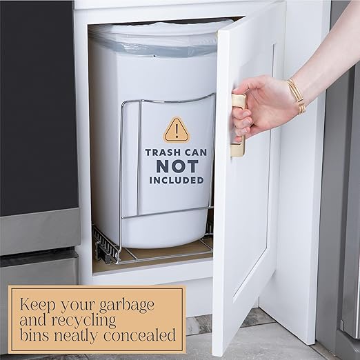 Pull-Out Trash Can for Cabinet -10 Gal / 40 qt – Heavy-Duty Chrome, Smooth Slide with Trash Bag Storage – Fits 11" Cabinet Opening (Bin Not Included)